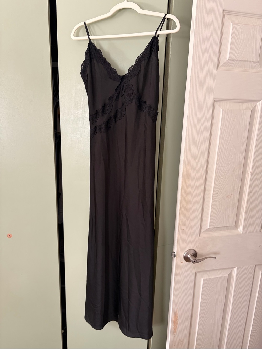 Leith Black Lace-Trim Satin Maxi Slip Dress
